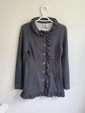 STELLA STARR GREY GRAY FITTED JACKET BUTTONS RUFFLE FLEECE LINED POCKETS